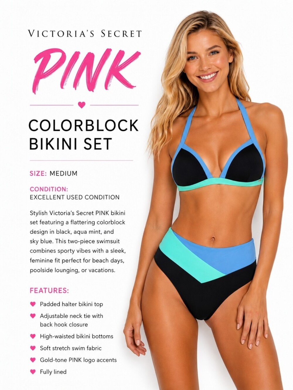 Victoria’s Secret PINK Colorblock Halter Bikini Set Size Medium